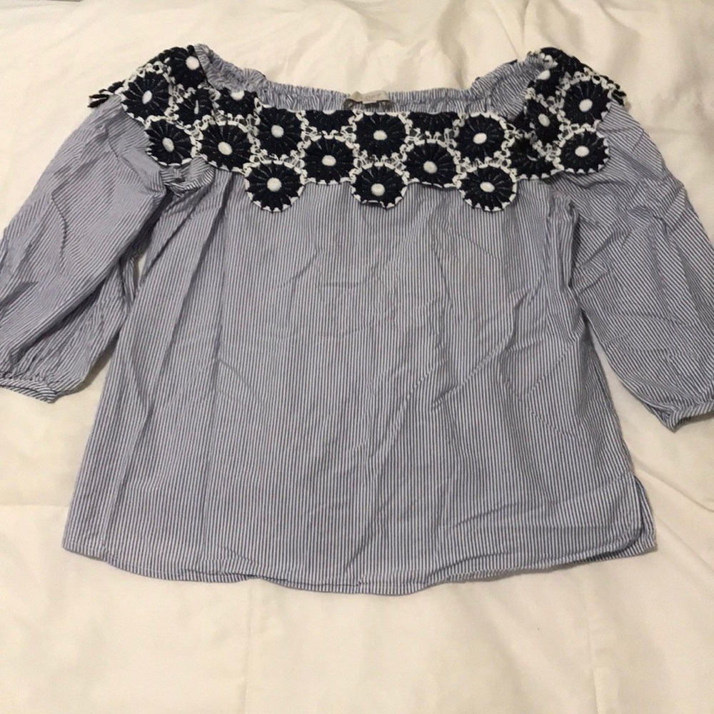 LOFT Blue & White Stripe Blouse w/ Flower Detail